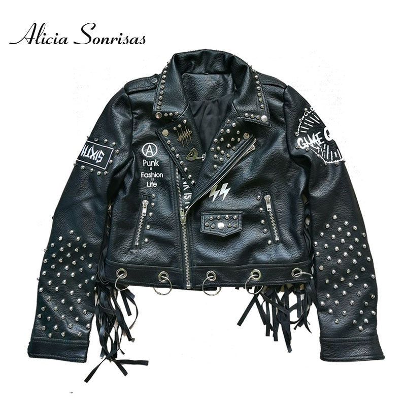 Bacwood Women Tasseled Punk Women Leather Jacket