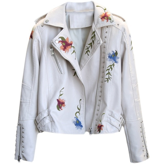 Backwoods Summer Flower Leather Leather Jacket (White)