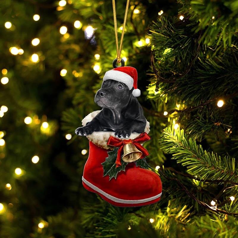 Black Pitbull In Santa Boot Christmas Hanging Ornament SB051