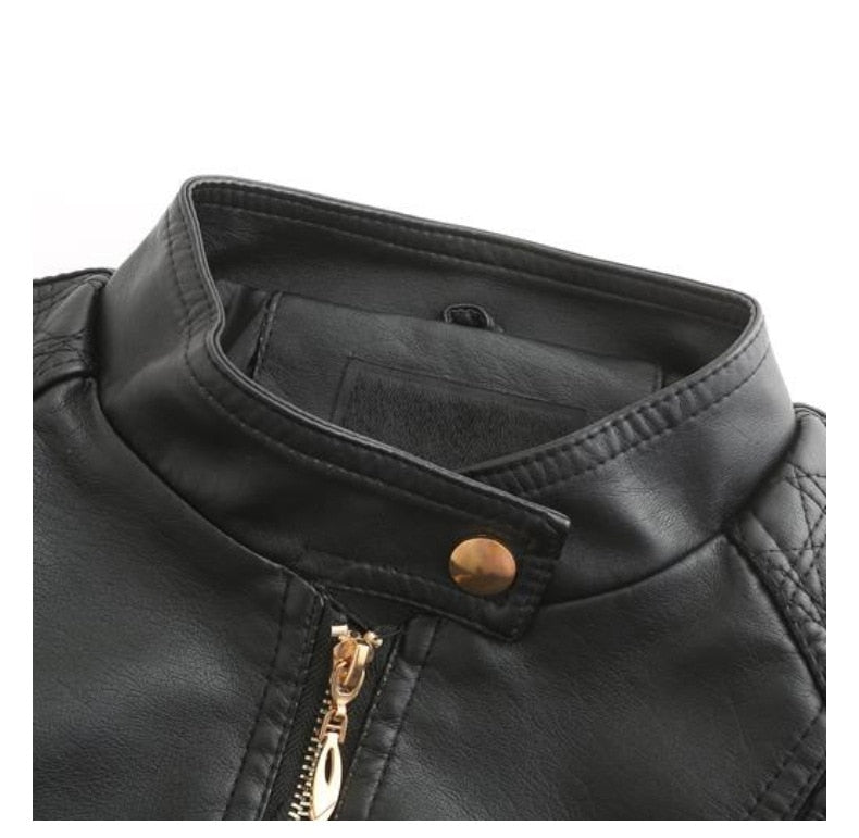 Backwoods Women High-Collar Leather Leather Jacket (Black)