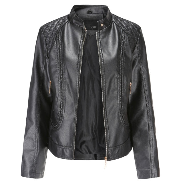 Backwoods Women High-Collar Leather Leather Jacket (Black)