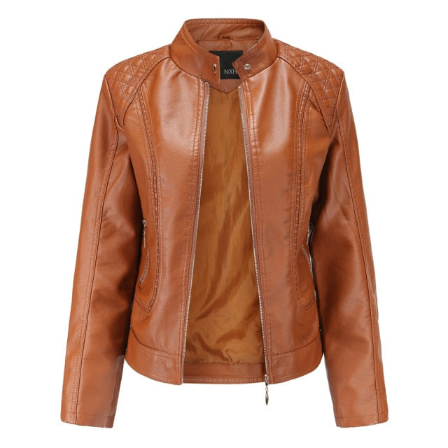 Backwoods Women High-Collar Leather Leather Jacket (Apricot)