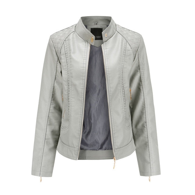 Backwoods Women High-Collar Leather Leather Jacket (Gray)