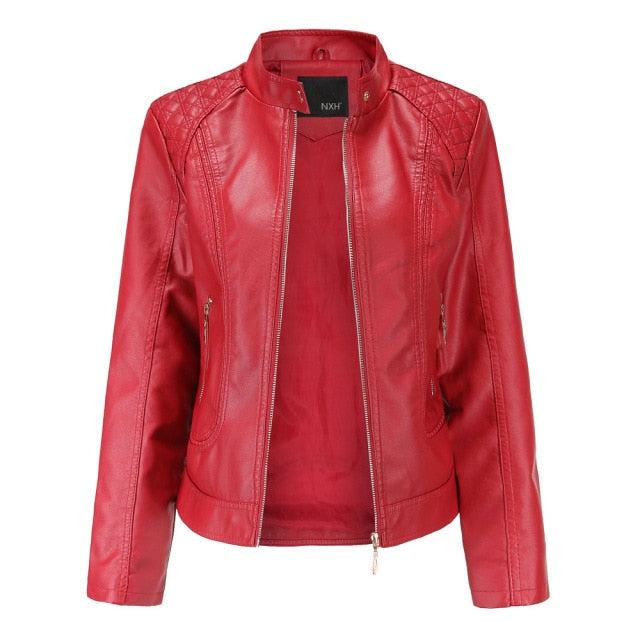 Backwoods Women High-Collar Leather Leather Jacket (Apricot)