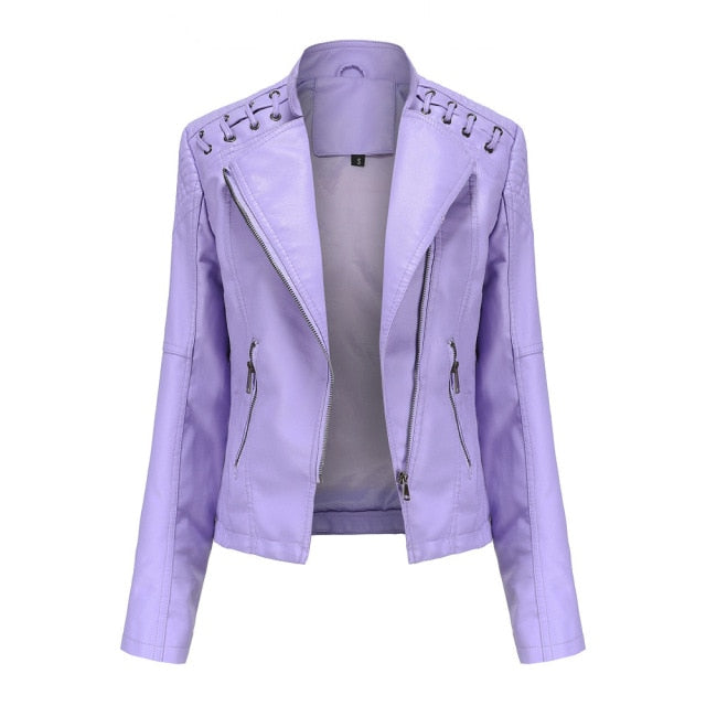 Backwoods Women Enlarged Lapel Leather Leather Jacket (Violet)